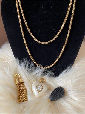 Joan Rivers 36” Gold Rope Chain Necklace with Cream Heart & Black Tassel Charms